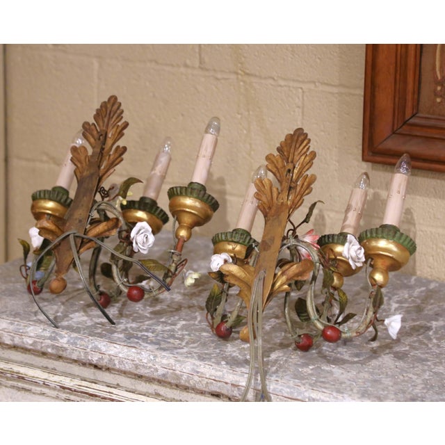 Pair of Mid-Century Italian Tole and Porcelain Floral Three-Light Wall Sconces For Sale - Image 10 of 10