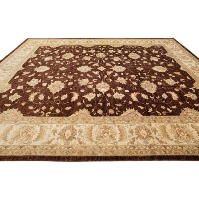 2010s Brown Modern Peshawar Handmade Wool Rug With Palmettes Design For Sale - Image 5 of 7