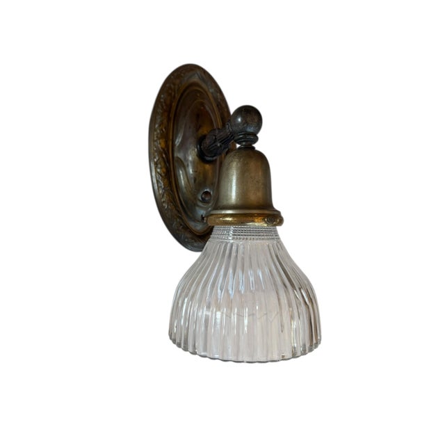 American Rare Set of Three Brass Wall Sconces With Ribbed Halophane Shades Circa 1920’s For Sale - Image 3 of 7