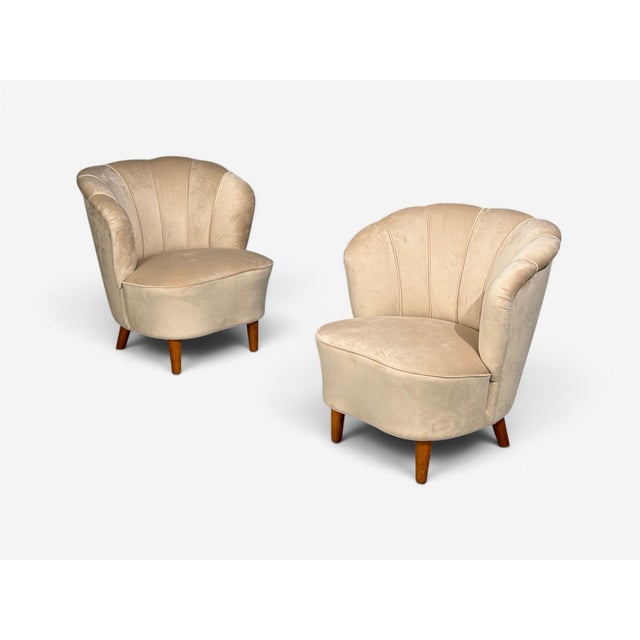 Asko, Finnish Modern, Lounge Chairs, Beige Velvet, Beech, Finland, 1950s For Sale - Image 4 of 13
