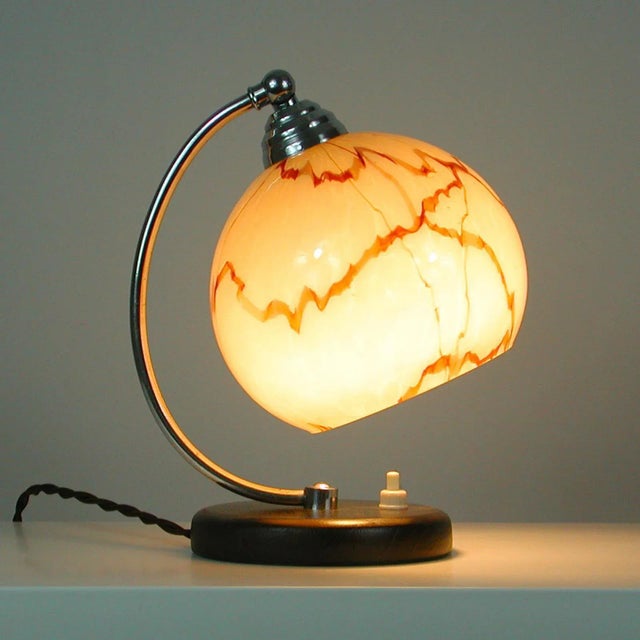 French Walnut, Chrome & Opaline Glass Table Lamp, 1930s For Sale - Image 3 of 14