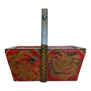 Chinese Vintage Hand-Painted Wedding or Rice Box With Handle, Dragons For Sale