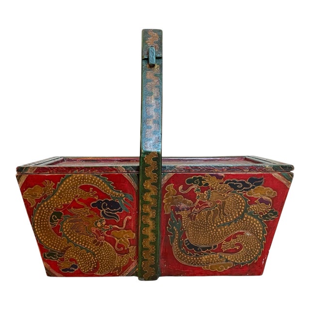 Chinese Vintage Hand-Painted Wedding or Rice Box With Handle, Dragons For Sale