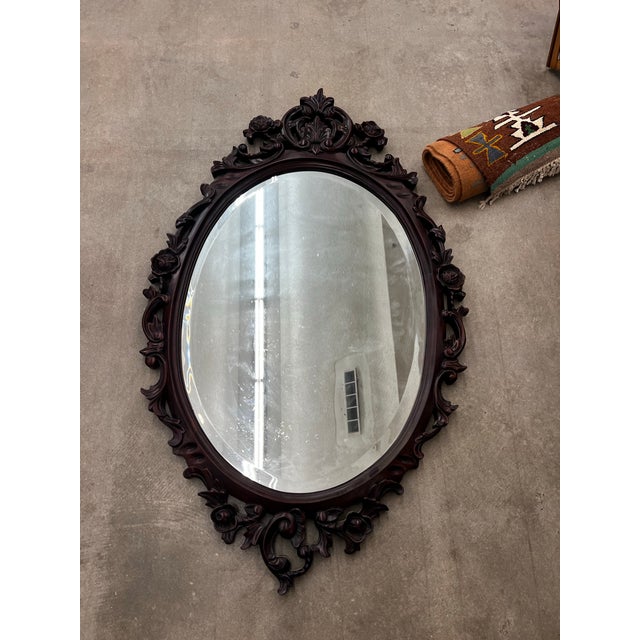 Mid-Century Modern Vintage Hand Carved Wooden Oval Wall Mirror For Sale - Image 3 of 4