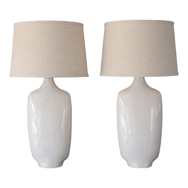 Vintage 1950s MCM White Crackle Glaze Ceramic Table Lamps - A Pair For Sale