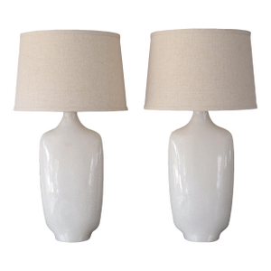 Vintage 1950s MCM White Crackle Glaze Ceramic Table Lamps - A Pair