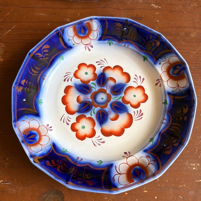 Farmhouse Antique Gaudy Welsh Crescent Pinwheel Flow Blue Plates, a Pair, Circa 1840s For Sale - Image 3 of 12