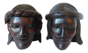 Mid-Century African Hand-Carved Ebony Decorative Man and Woman Bookend Heads- a Pair