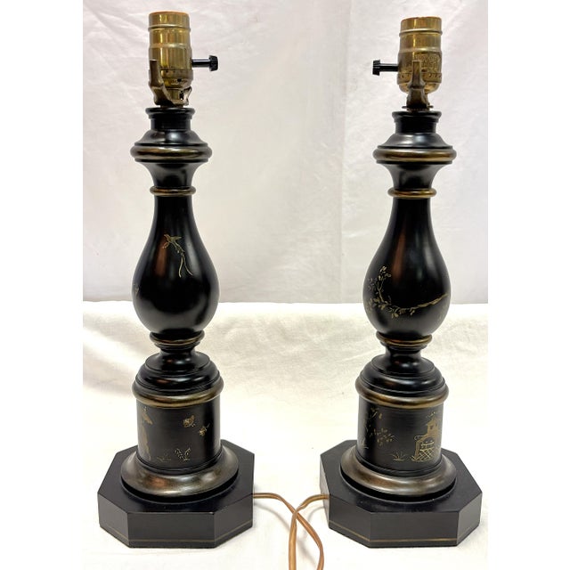 Vintage Wood Table Lamps With Gold Painted Chinoiserie Designs- A Pair For Sale - Image 11 of 15