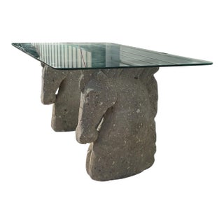Vintage Custom Chisled Stone/Concrete Horse Head, Glass Top Desk/Table For Sale
