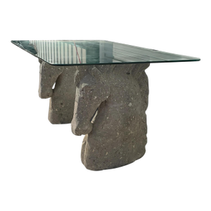 Vintage Custom Chisled Stone/Concrete Horse Head, Glass Top Desk/Table