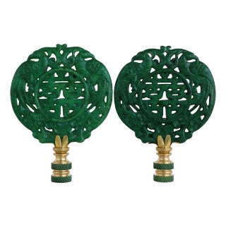 Chinese Double Happiness Symbol Lamp Finials on Brass Hardware - A Matching Pair For Sale
