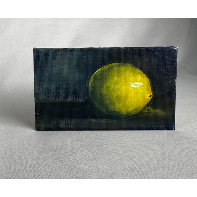 French Country Vintage Traditional Dutch Sill Life ‘Lemon’ Small Original Oil Painting in Ink Blue, Yellow, Dark Green For Sale - Image 3 of 11