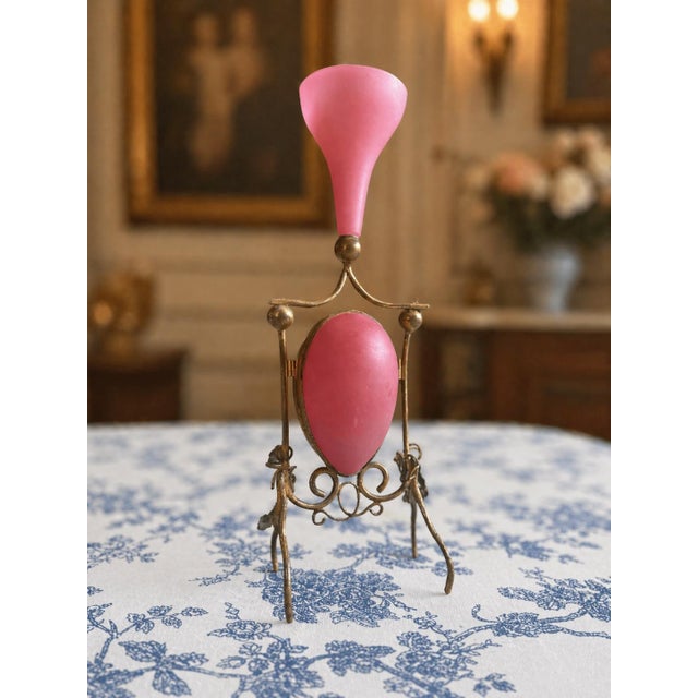 Beautiful antique French opaline glass vanity piece featuring a hinged egg-form casket paired with an attached vase, all...