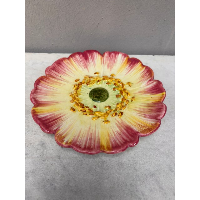 French Country Majolica Pink Flower Plate, Delphin Massier, Circa 1890 For Sale - Image 3 of 4