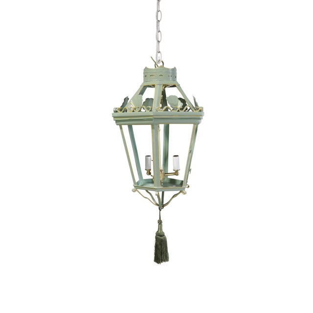 A Vintage “Visual Comfort” Style Iron Celadon Green Chandelier For Sale - Image 11 of 11