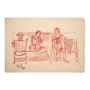 David Burliuk, Modernist Conte Crayon Drawing Beach Scene David Burliuk Russian Futurist, c.1940's
