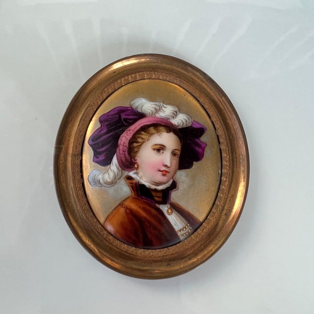 Hand painted miniature portrait on porcelain with gold-tone frame // original antique art // portrait of a female // collectible artwork For Sale - Image 10 of 10
