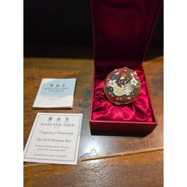 2010s Halcyon Days 2019 Christmas Enamel Box With Certificate in Red Gift Box For Sale - Image 5 of 6