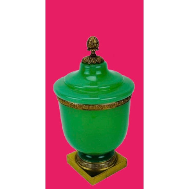 French Antique French Green Opaline and Brass Large Covered Jar With Acorn Finial For Sale - Image 3 of 9