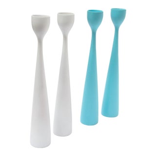 Set of Four Sculptural Danish Modern Turquoise and White Candlesticks For Sale