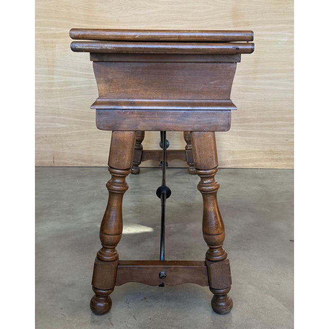 Early 20th Century Early 20th Century Spanish Fold Out Console Table with Iron Stretcher & 3 Drawer For Sale - Image 5 of 18