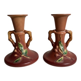 Pair of Vintage Roseville Apple Blossom 352-4½ Art Pottery Candlesticks For Sale