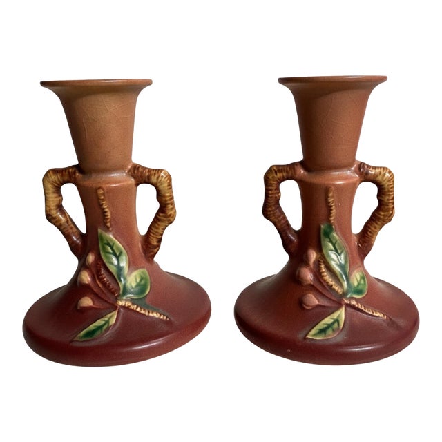 Pair of Vintage Roseville Apple Blossom 352-4½ Art Pottery Candlesticks For Sale
