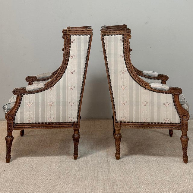 Wood Pair 19th Century French Louis XVI Walnut Bergères ~ Armchairs For Sale - Image 7 of 17