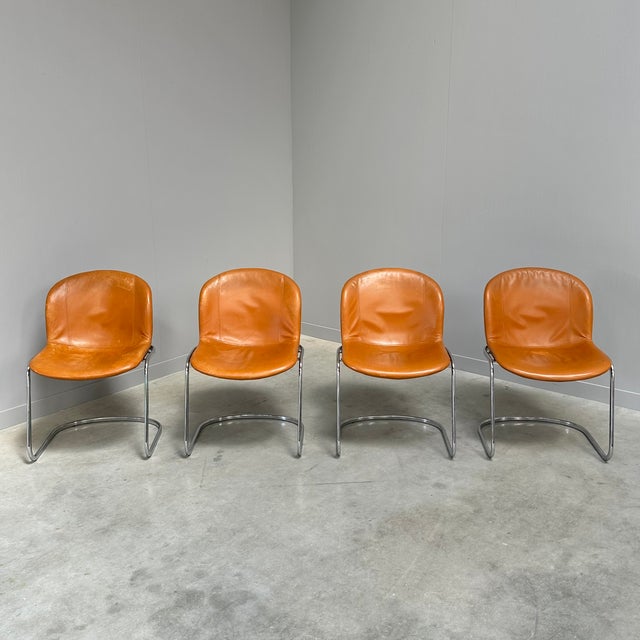 Cognac Leather Dining Chairs by Gastone Rinaldi for Thema Italy, 1970s, Set of 4, in Good conditions. Designed 1970 to...