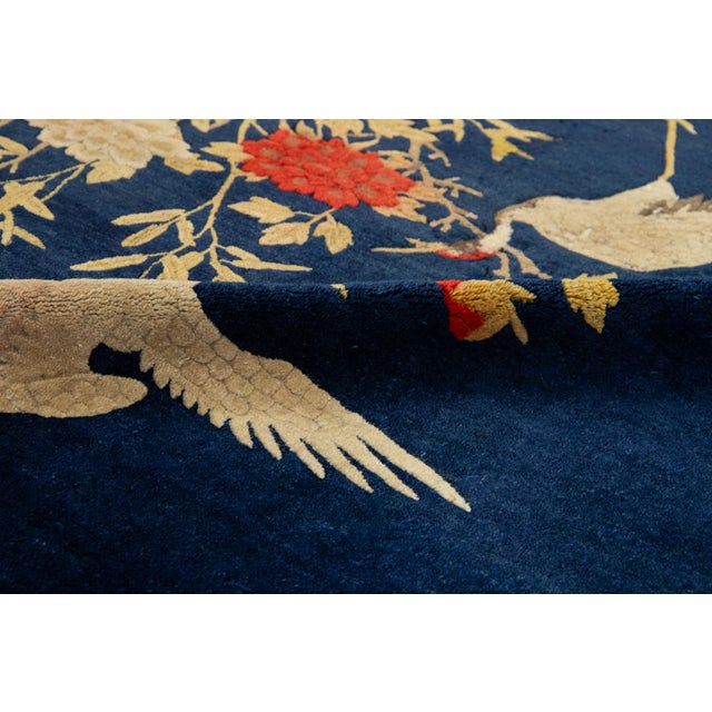Navy Blue 4 X 7 Pictorial Handmade Chinese Art Deco Wool Rug in Navy Blue For Sale - Image 8 of 9