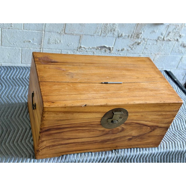 Antique Chinese Brown Elm Wood and Brass Rectangular Chest Trunk Box For Sale - Image 11 of 12