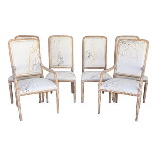 Coastal Carved Faux Rope Solid Wood Dining Chairs Abstract Upholstery Set of 6 For Sale