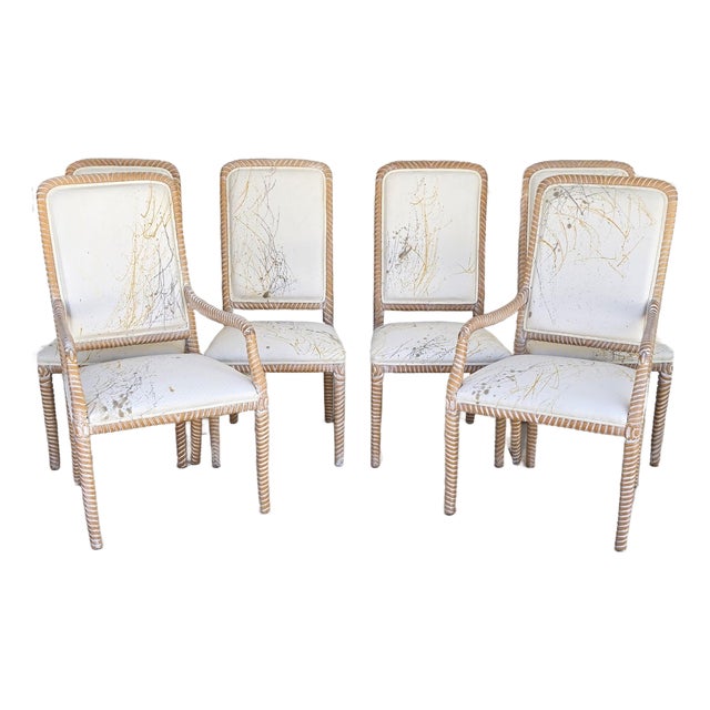 Coastal Carved Faux Rope Solid Wood Dining Chairs Abstract Upholstery Set of 6 For Sale