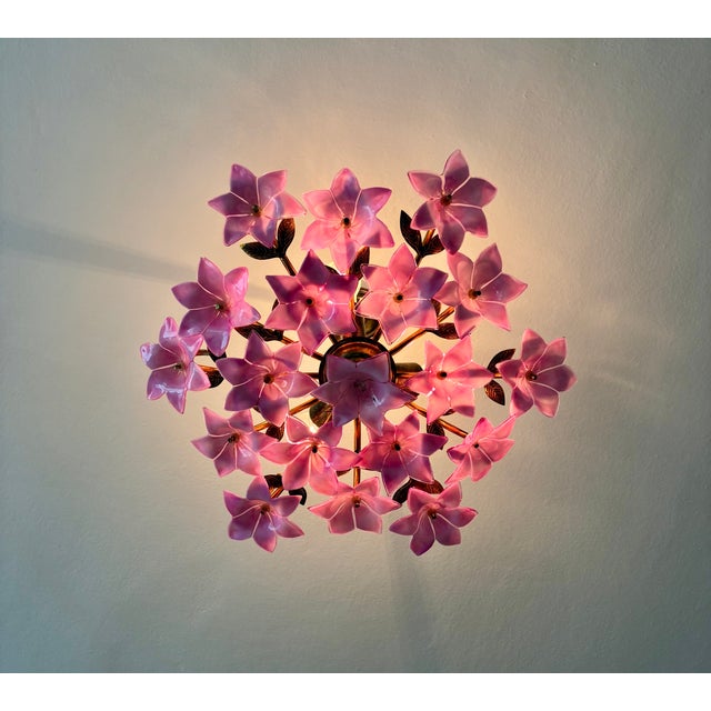 1980s Italian Style Pink Floral Crystal Flush Mount Chandelier, 3-Light For Sale - Image 14 of 17