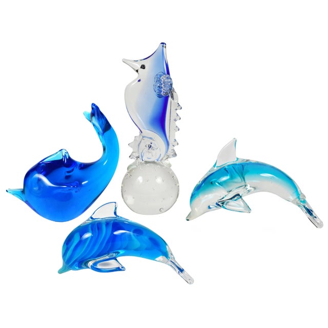 Vintage Hand Blown Glass Blue Dolphin Seahorse Model Figurine Art - Set of 4 For Sale - Image 11 of 11