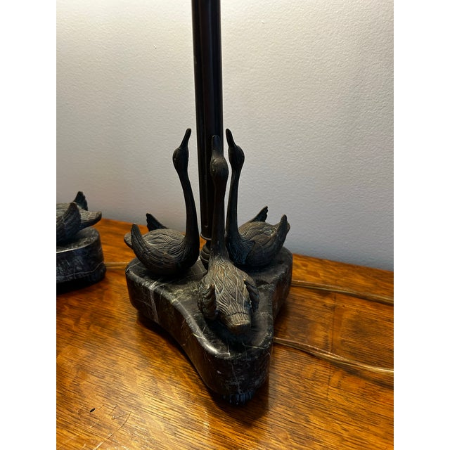 Theodore Alexander Vintage Pair of Bronze & Marble Swan Table Lamps For Sale - Image 11 of 12