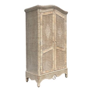 Vintage Coastal Diamond Weave Cerused Armoire For Sale