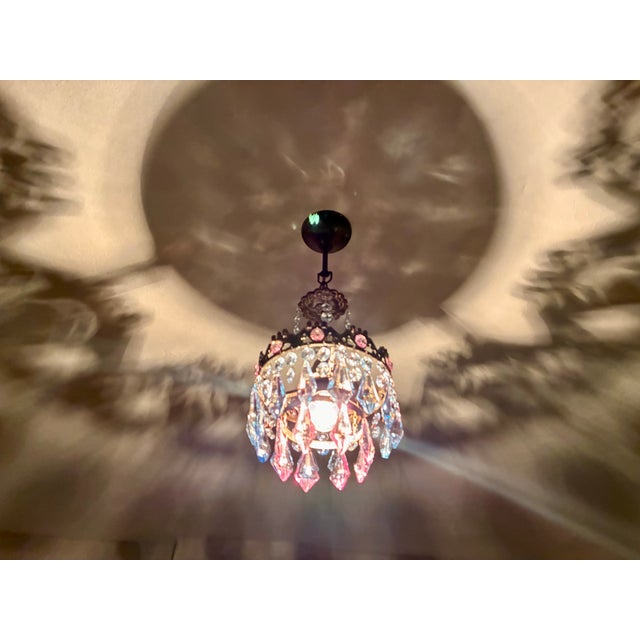 Vintage Brass Crown Chandelier With Hand-Painted Pink and Ice Blue Crystal Prisms For Sale - Image 17 of 17
