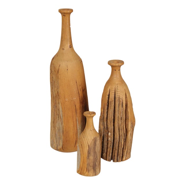 Vintage Set of 3 Carved Wood Bottles For Sale