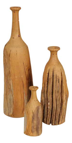 Vintage Set of 3 Carved Wood Bottles