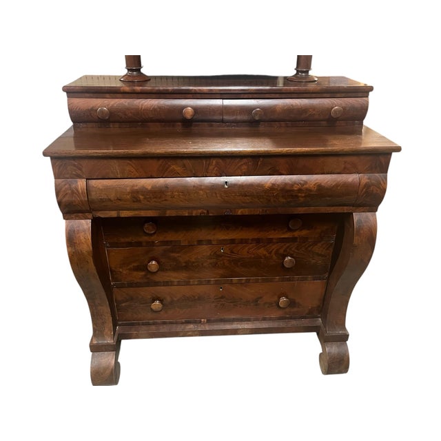 19th Century Antique Empire Flame Mahogany Dresser With Mirror For Sale - Image 4 of 11