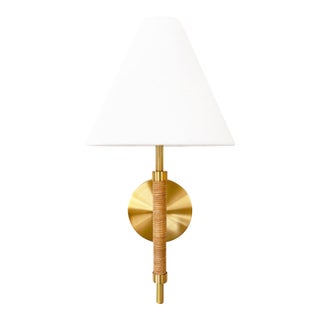 Matthew Izzo Home Sylvia Rechargeable Brass and Rattan Wall Sconce With White Linen Shade For Sale