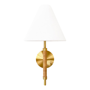 Matthew Izzo Home Sylvia Rechargeable Brass and Rattan Wall Sconce With White Linen Shade