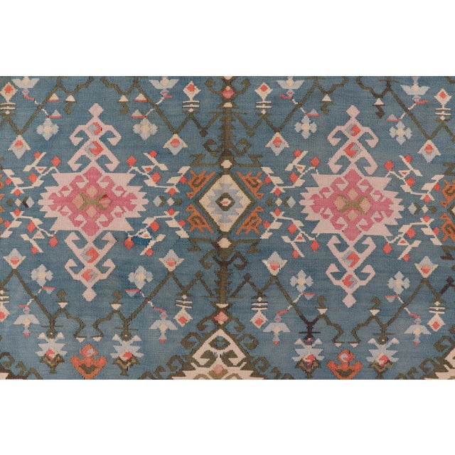 Vintage Turkish Kilim Rug in Blue, Coral, Ivory, and Olive 5'7 X 14'2 For Sale - Image 10 of 13