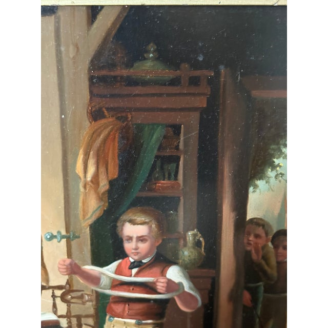 Framed Oil on Board "Grandmother Teaching Grandson How to Knit", Mid-20th Century For Sale - Image 4 of 7