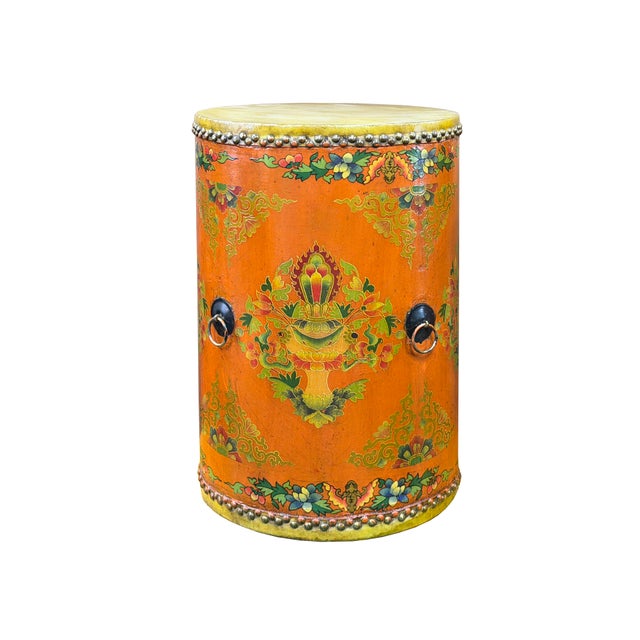 Distressed Light Orange Tibetan Style Jewel Symbol Round Drum Table For Sale In San Francisco - Image 6 of 10