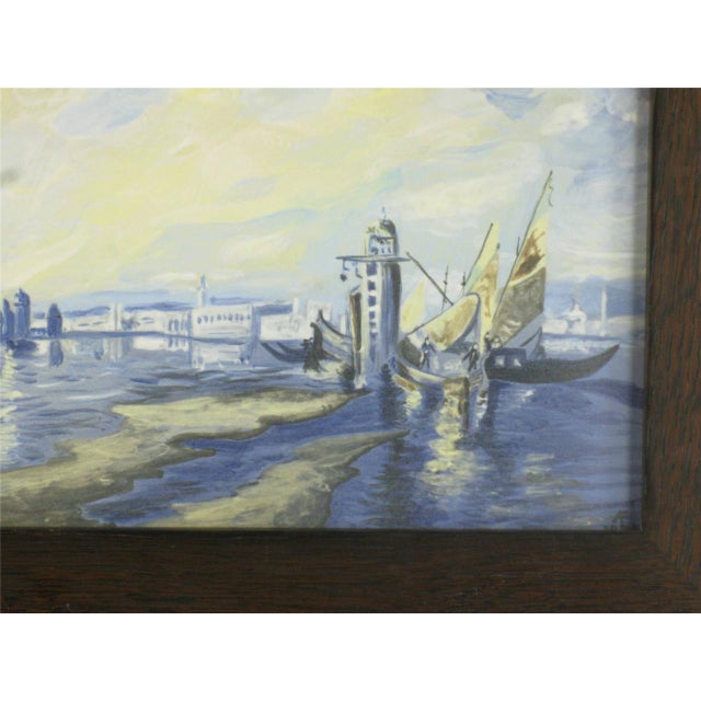 1990s Harbor Scenic Hand-Painted Tile Plaque Oak Framed Arts Crafts Richard Freiwald For Sale - Image 6 of 12