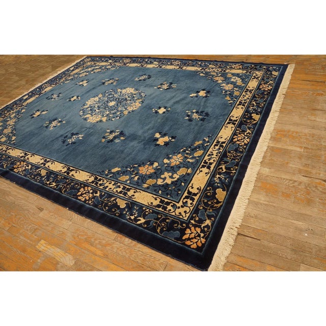 Chinese 1920s Blue-Navy Background Floral-Medallion Design Antique Chinese Peking Rug For Sale - Image 3 of 8