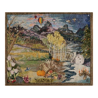 1940s Multicolor Scenic Winter Folk Art American Hooked Rug 3'2" X 3'10" Handknotted Wool Carpet For Sale